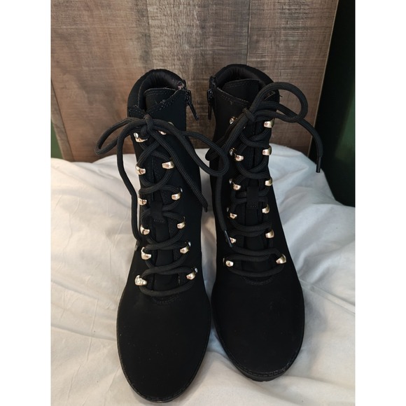 Andiamo Shoes - Goth Steampunk Black Faux Suede Y2K Chunky Platform Heels Boots Gold Accents 9.5